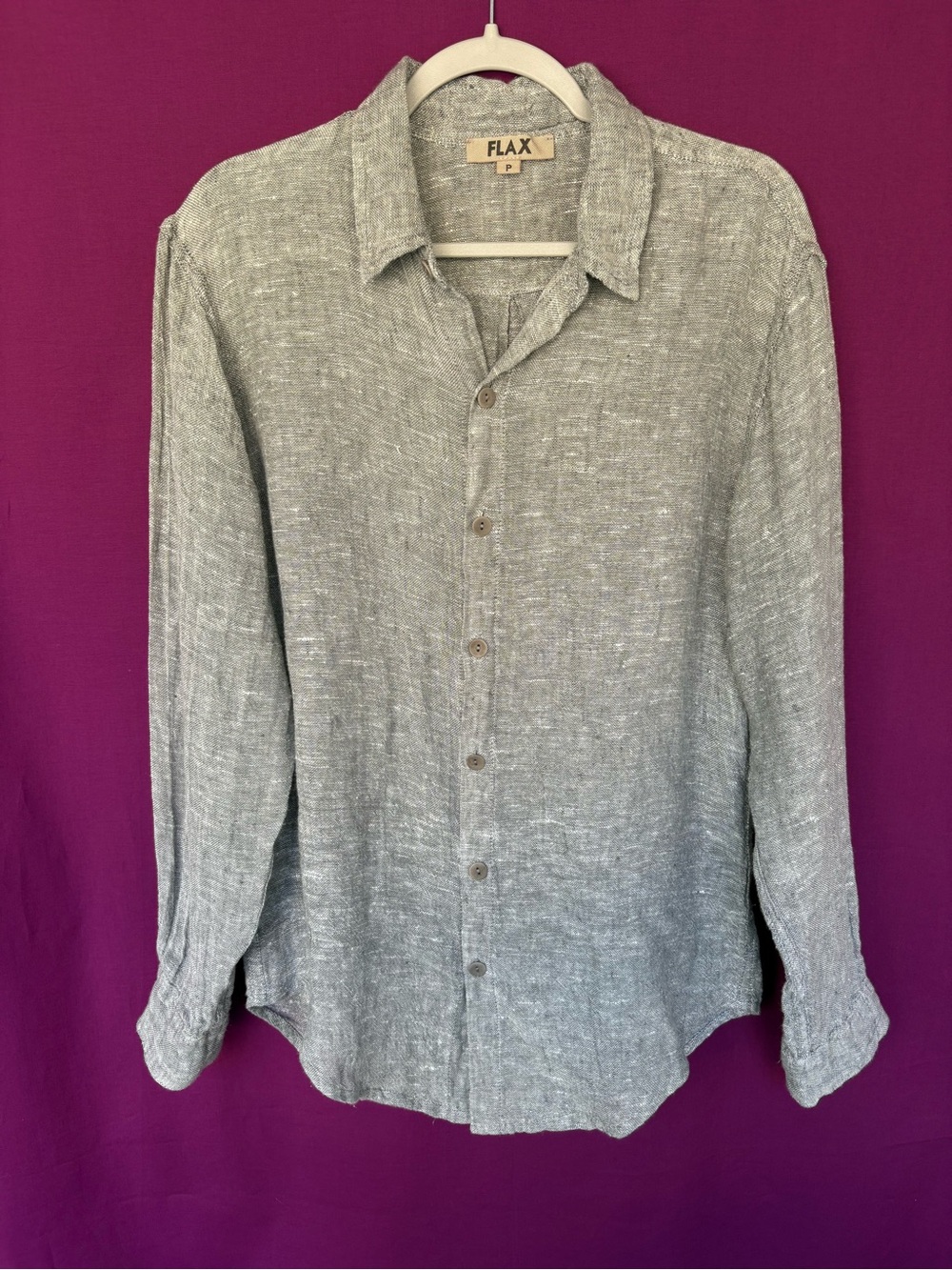 FLAX 100% Linen Button Up Shirt Gray Petite P Made in Lithuania